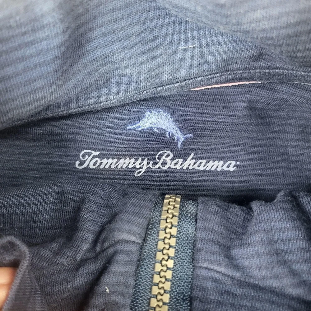 Tommy Bahama Sweater Mens 2XL Blue 1/4 Zip Mock Neck Knit Striped Pullover Logo